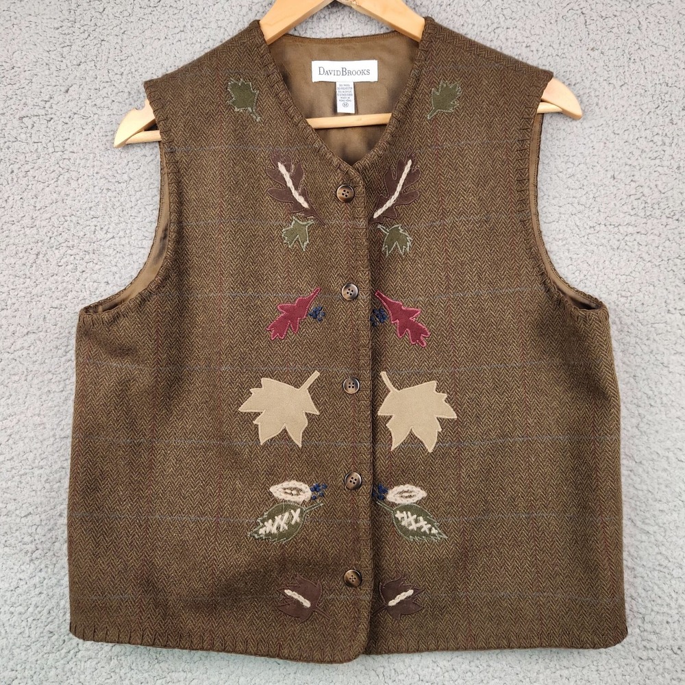 David Brooks Vest Womens Medium Brown Herringbone Wool Blend Fall Patchwork